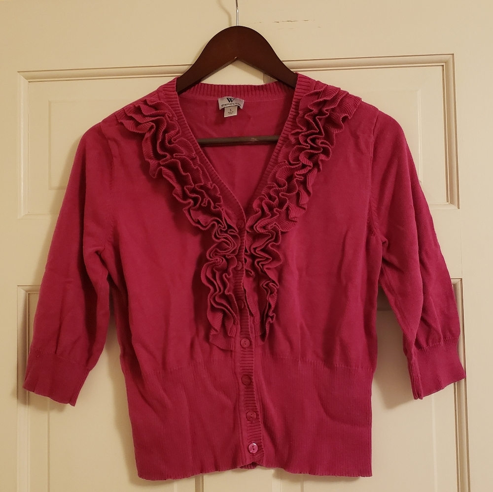 Worthington pink ruffle cardigan, L